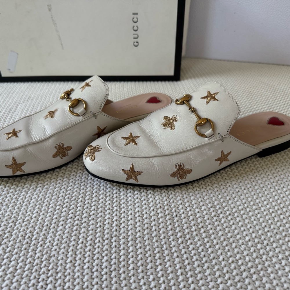Gucci White Gold Mules with Star Embellishments